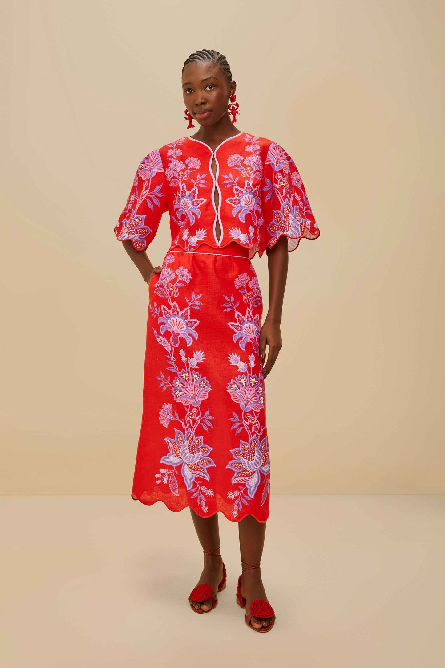 Porcelain Garden Red Midi Skirt