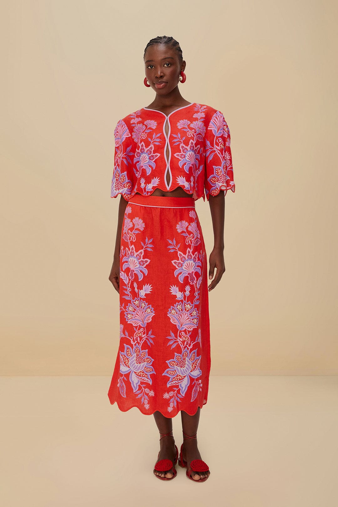 Porcelain Garden Red Midi Skirt