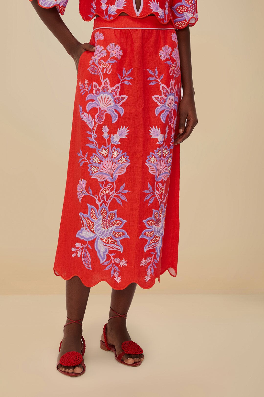 Porcelain Garden Red Midi Skirt