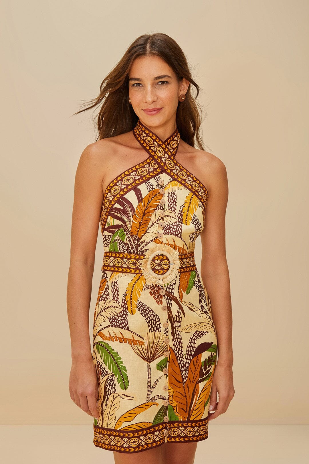 Foliage Sketch Sand Halter Mini Dress
