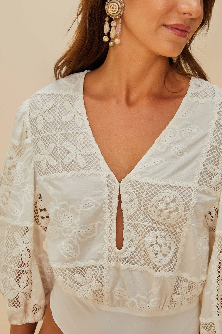 Off-White Rosy Eyelet Puff Sleeve Bodysuit