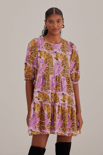 Tiger Leaves Puff Sleeve Mini Dress