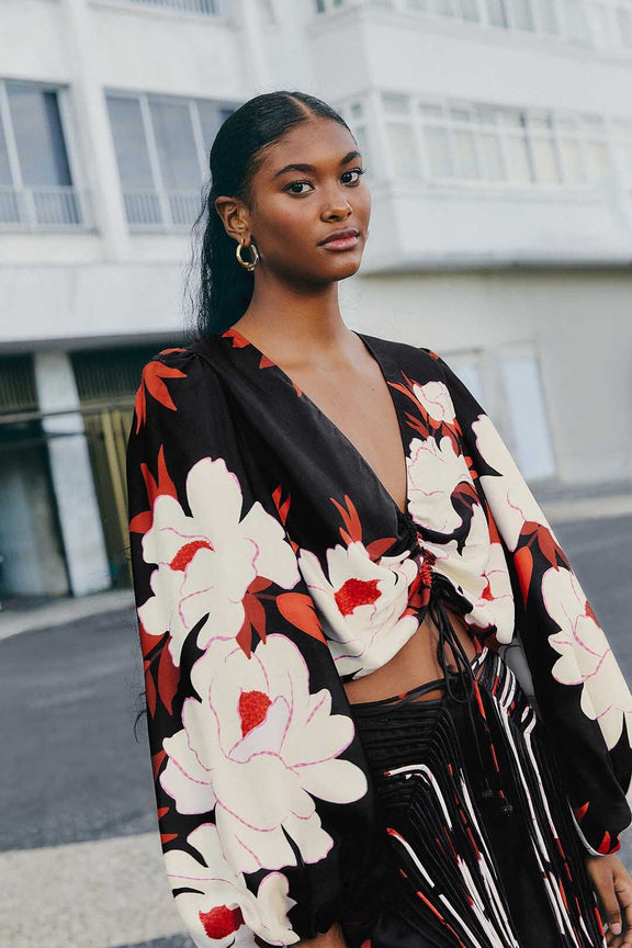 Black Peony L/S Beaded Tassle Blouse