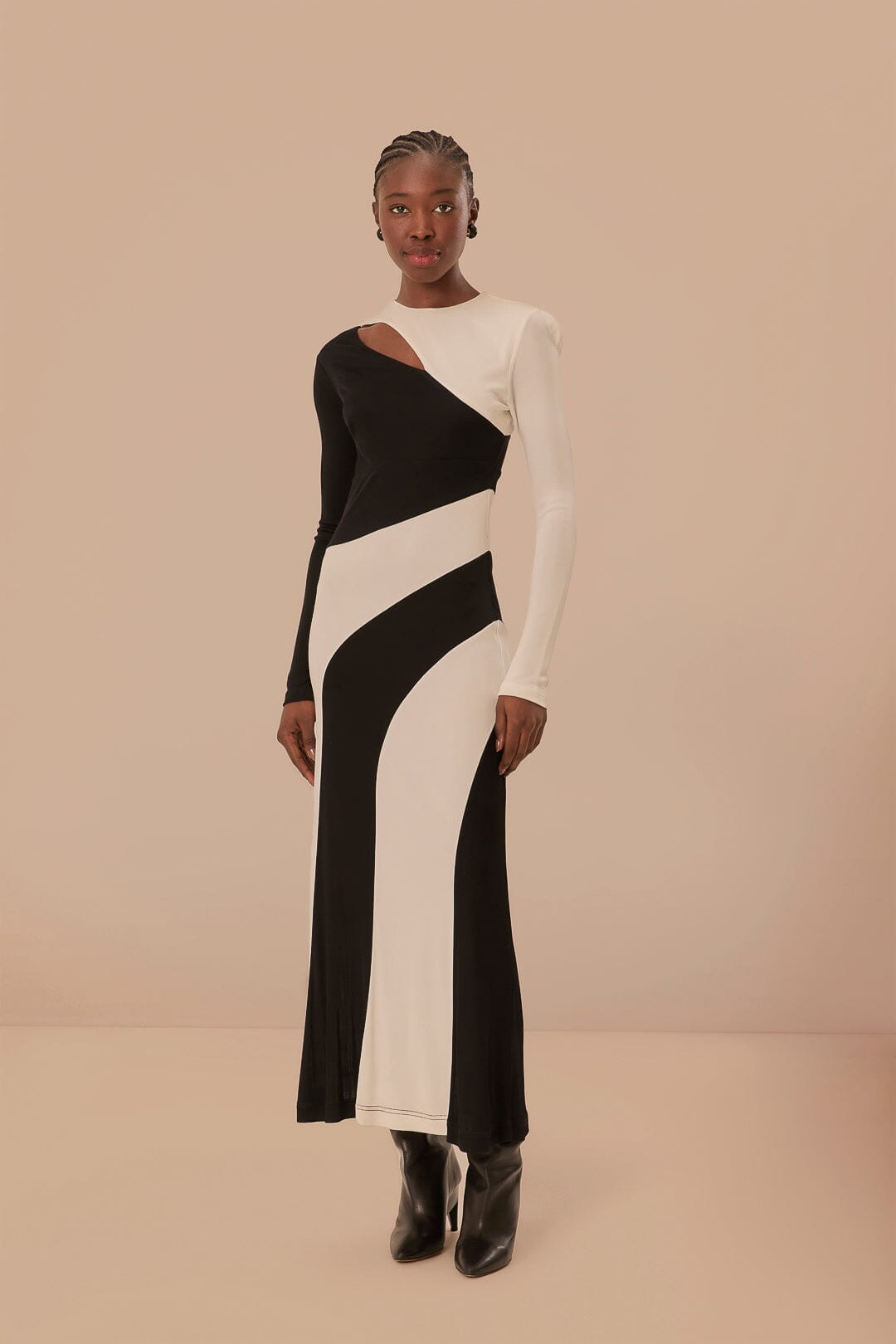 Black and White Cut-Out Long Sleeve Midi Dress Sojourn Black and White Cut-Out Long Sleeve Midi Dress Sojourn