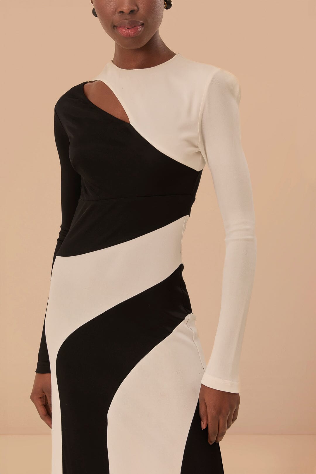 Black and White Cut-Out Long Sleeve Midi Dress Sojourn Black and White Cut-Out Long Sleeve Midi Dress Sojourn