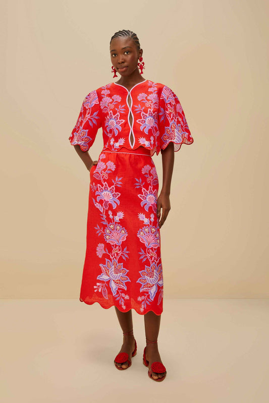 Porcelain Garden Red Midi Skirt