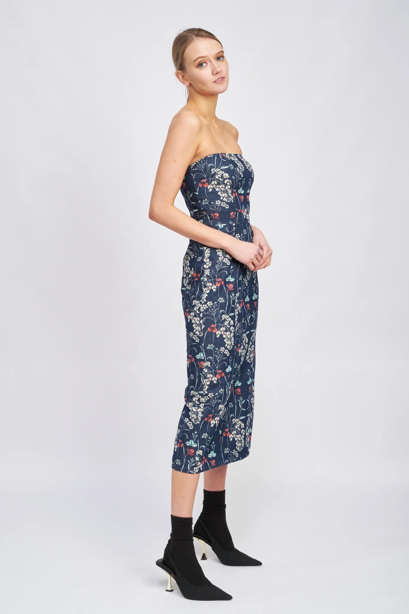 Floral Printed Denim Midi Dress