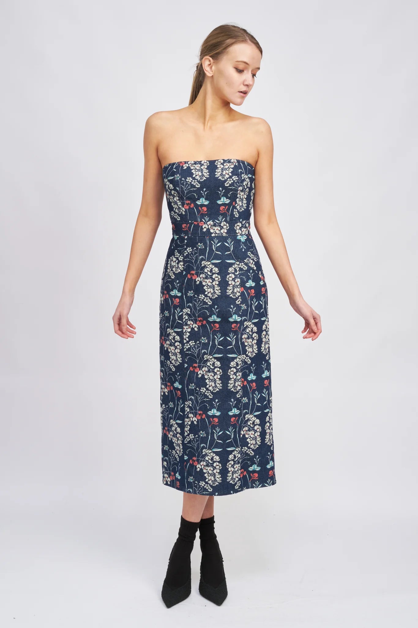 Floral Printed Denim Midi Dress