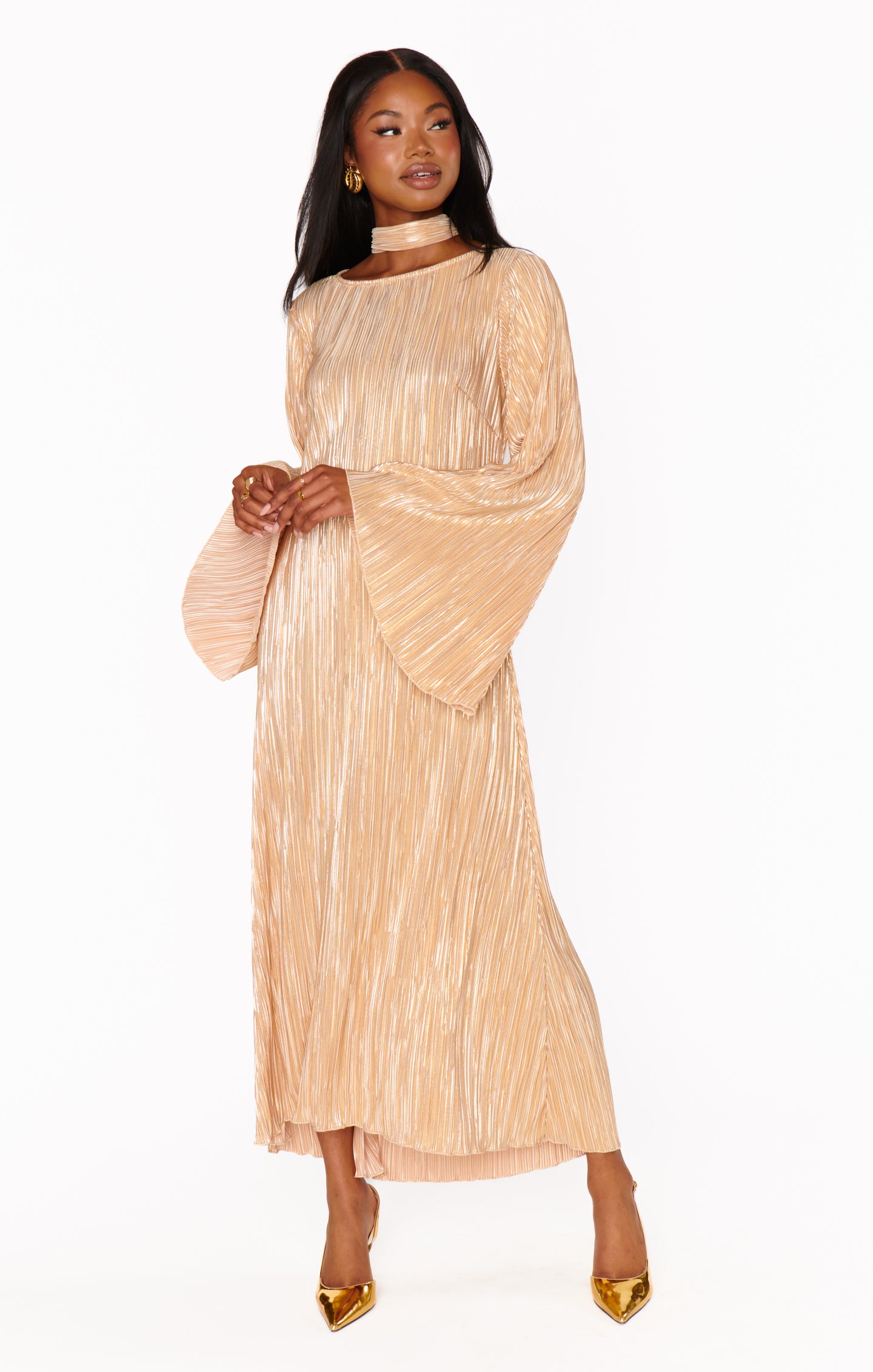 Sarah Midi Dress- Gold Pleat