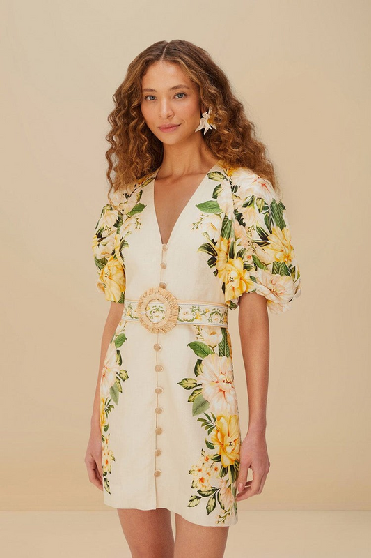 Garden Cascade Sand Puffy Sleeves Mini Dress